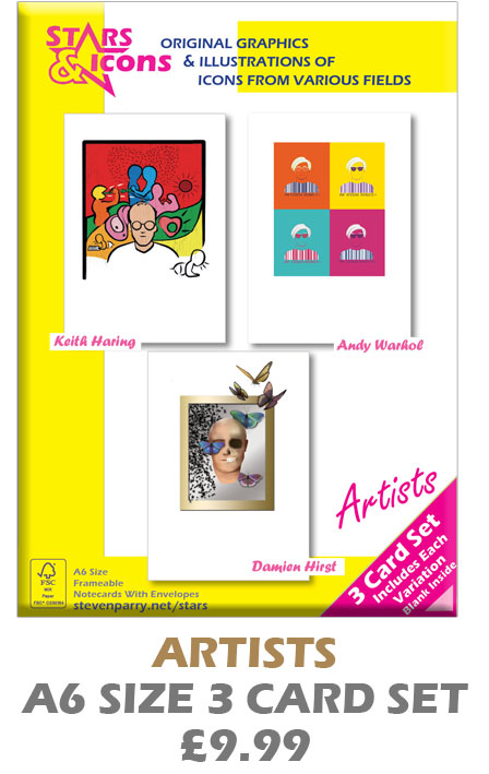 Artists 3 Card Set £9.99 Includes Keith Haring, andy Warhol, Damien Hirst Cards